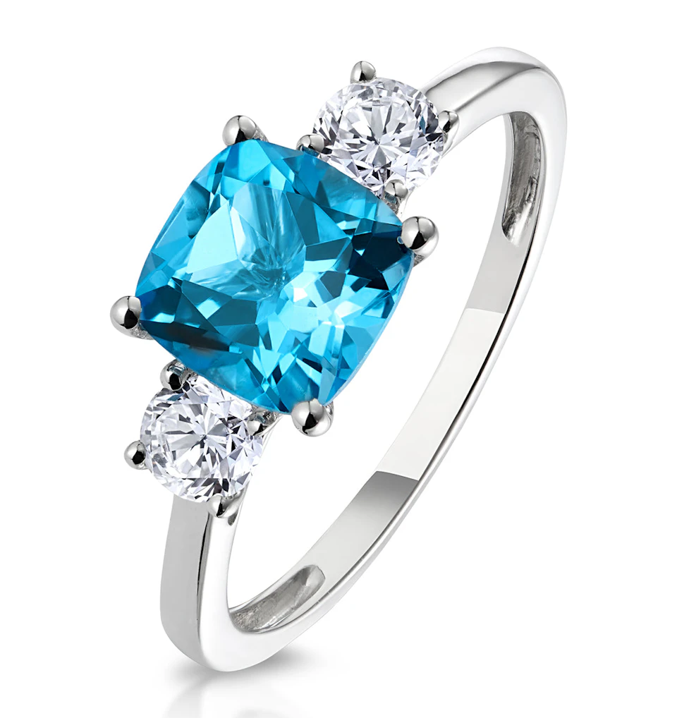 2.50ct Cushion Cut Blue Topaz Diamond Asteria Ring in 18K White Gold