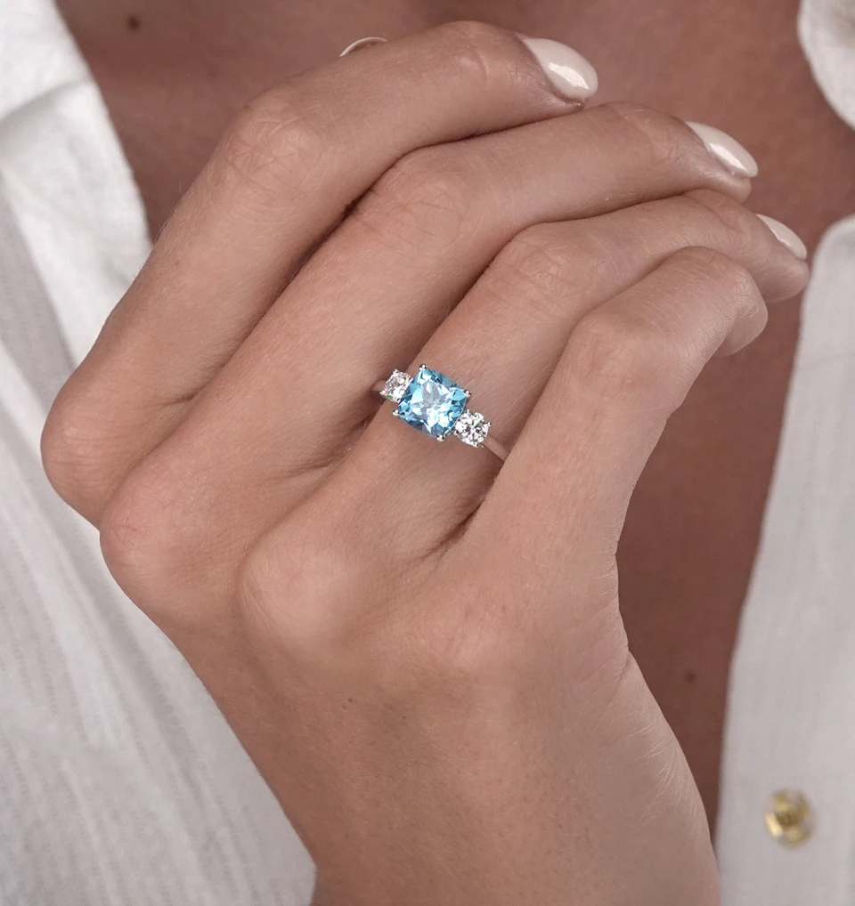 2.50ct Cushion Cut Blue Topaz Diamond Asteria Ring in 18K White Gold