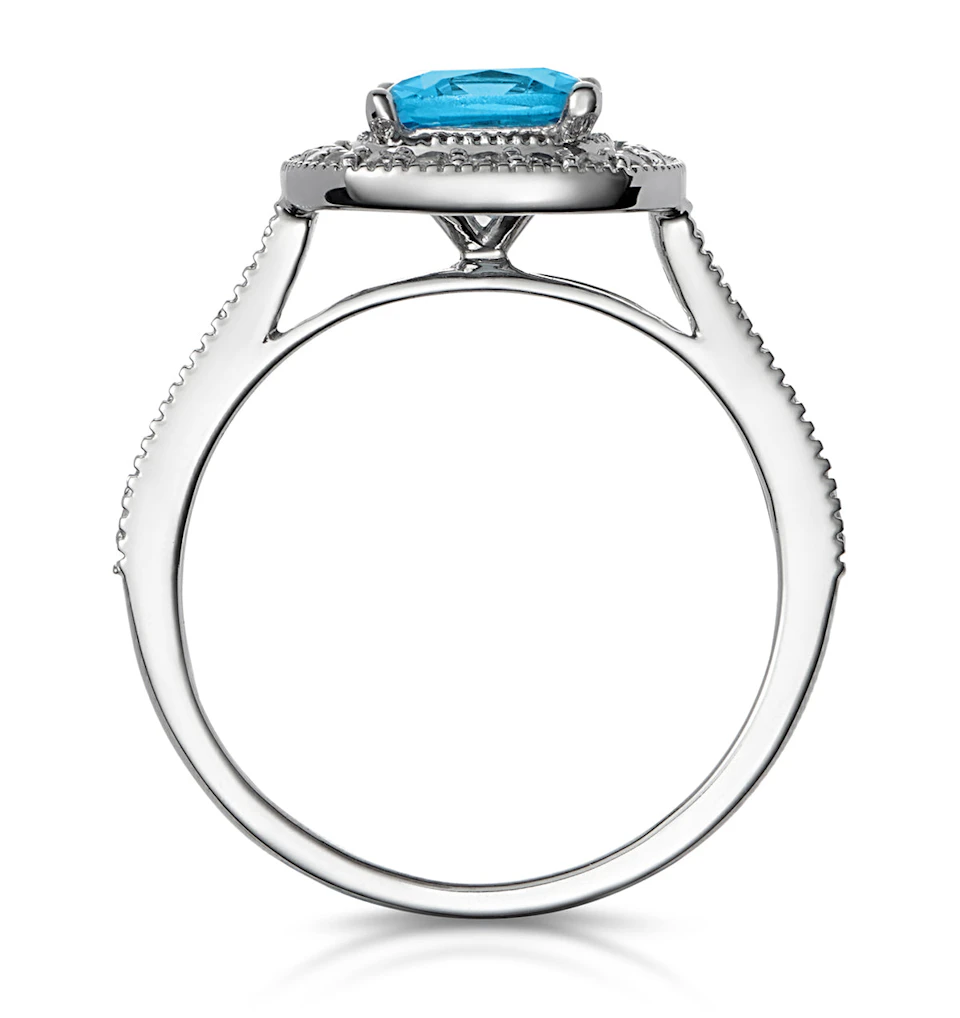 2.50ct Cushion Blue Topaz Lab Diamond Halo Asteria Ring 9K White Gold