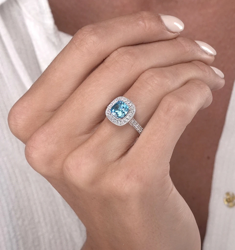 2.50ct Cushion Blue Topaz Diamond Halo Asteria Ring in 18K White Gold