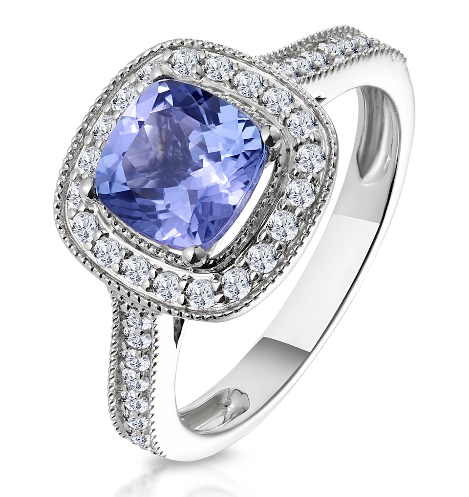 1.60ct Cushion Tanzanite Diamond Halo Asteria Ring in 18K White Gold