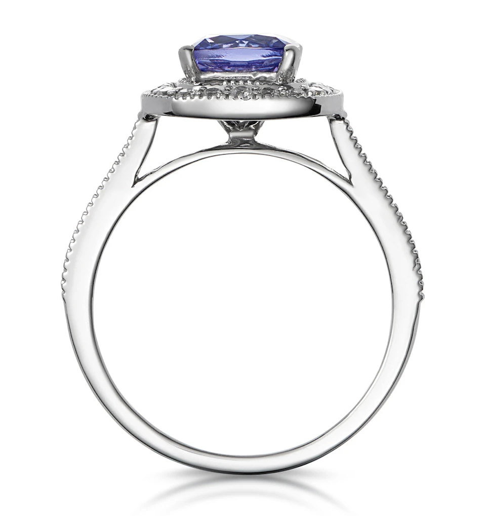 1.60ct Cushion Tanzanite Diamond Halo Asteria Ring in 18K White Gold