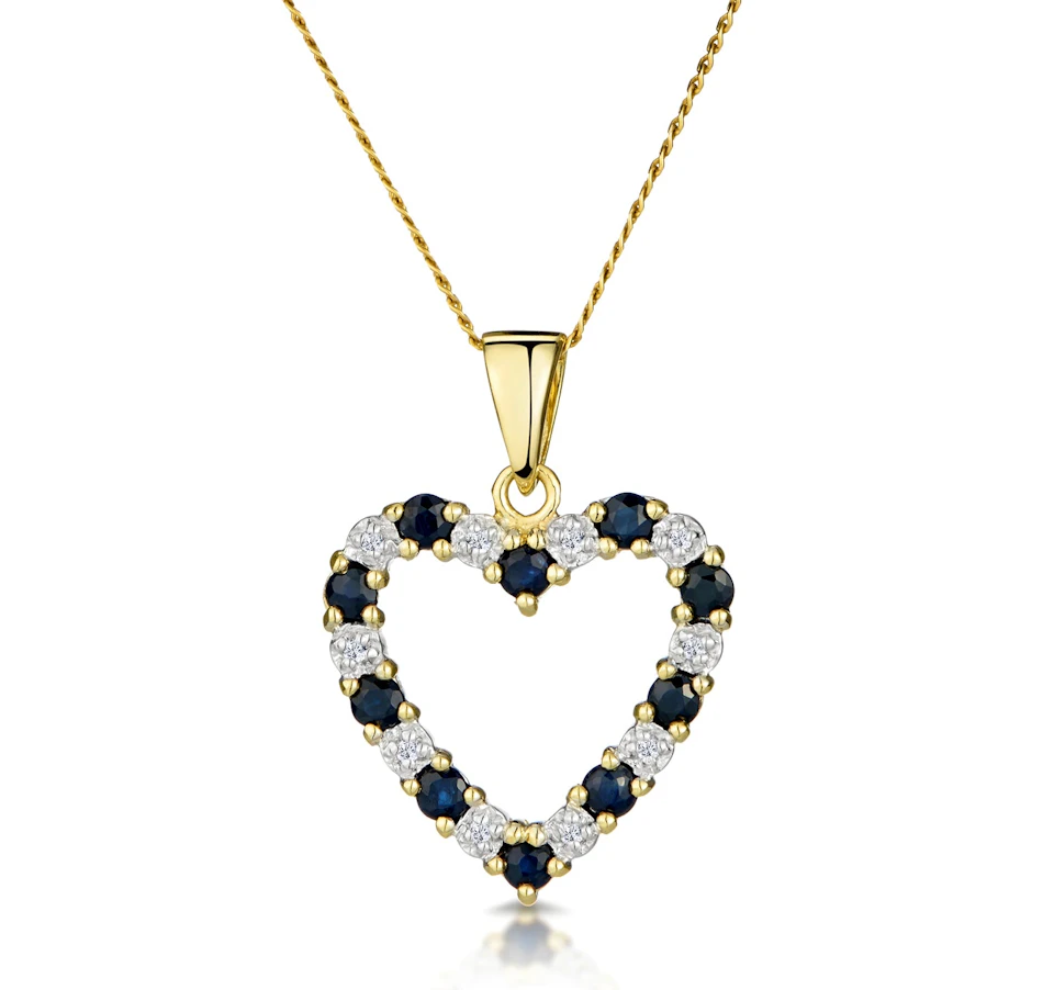 Sapphire And 0.03CT Diamond Heart Pendant Necklace 9K Yellow Gold