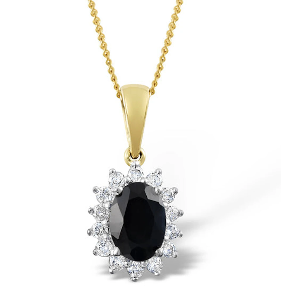 Sapphire 7 x 5mm And Diamond 18K Yellow Gold Pendant Necklace