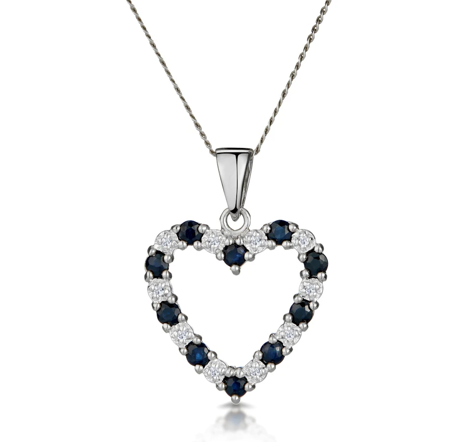 9K White Gold 0.03ct Diamond and Sapphire Heart Pendant Necklace