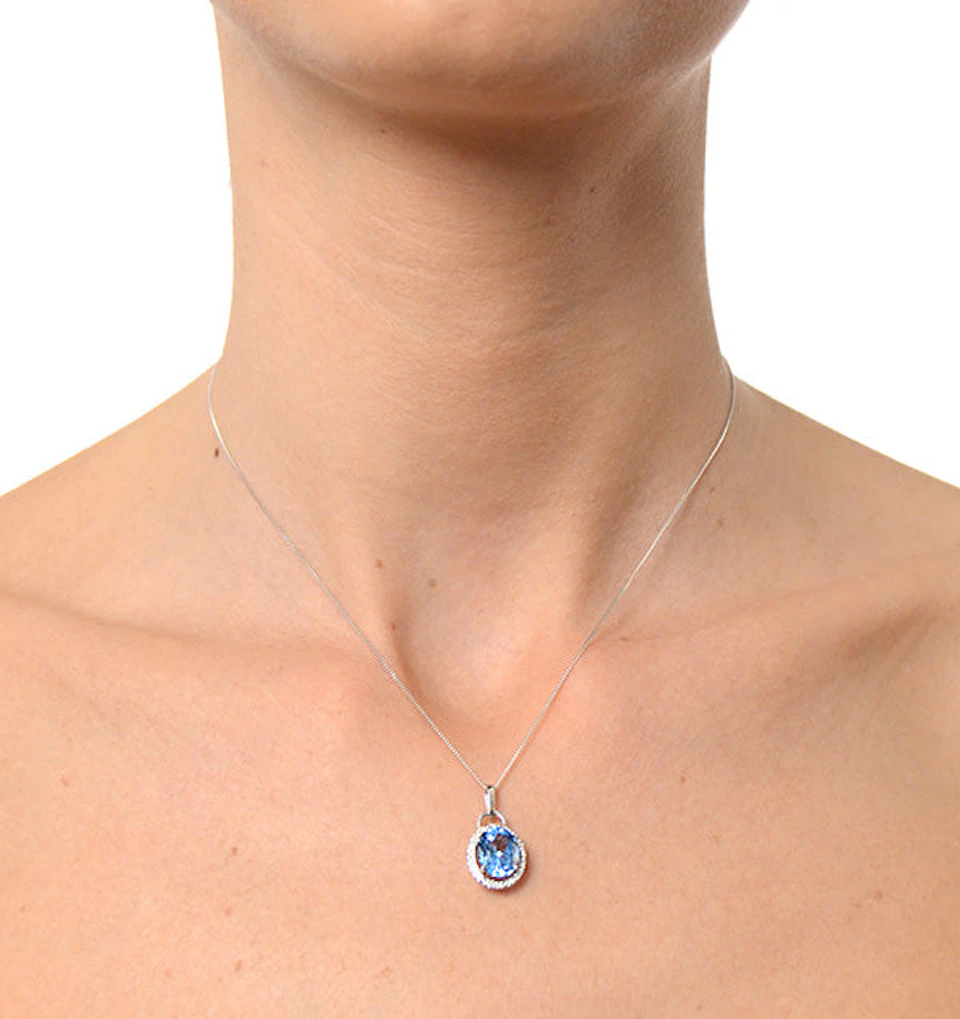 Blue Topaz 2.96CT And Diamond 9K White Gold Pendant Necklace