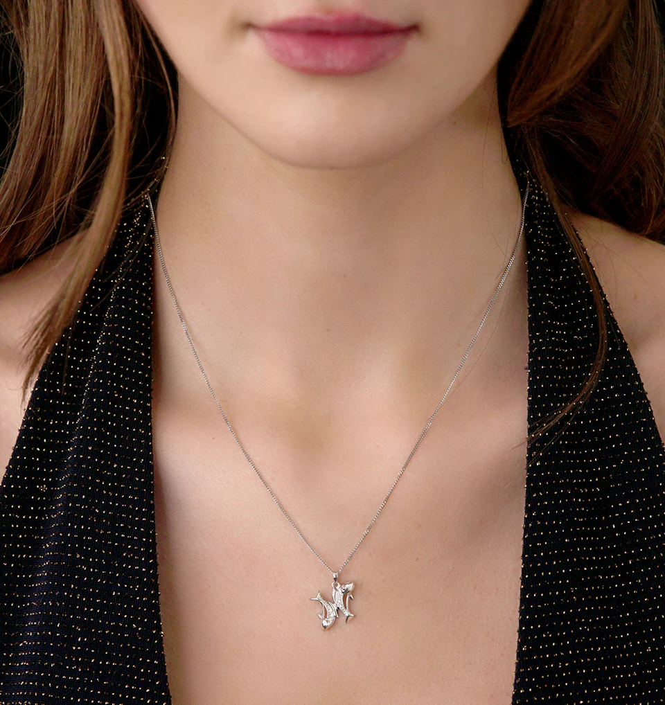 9K White Gold Diamond Pisces Pendant Necklace 0.05ct