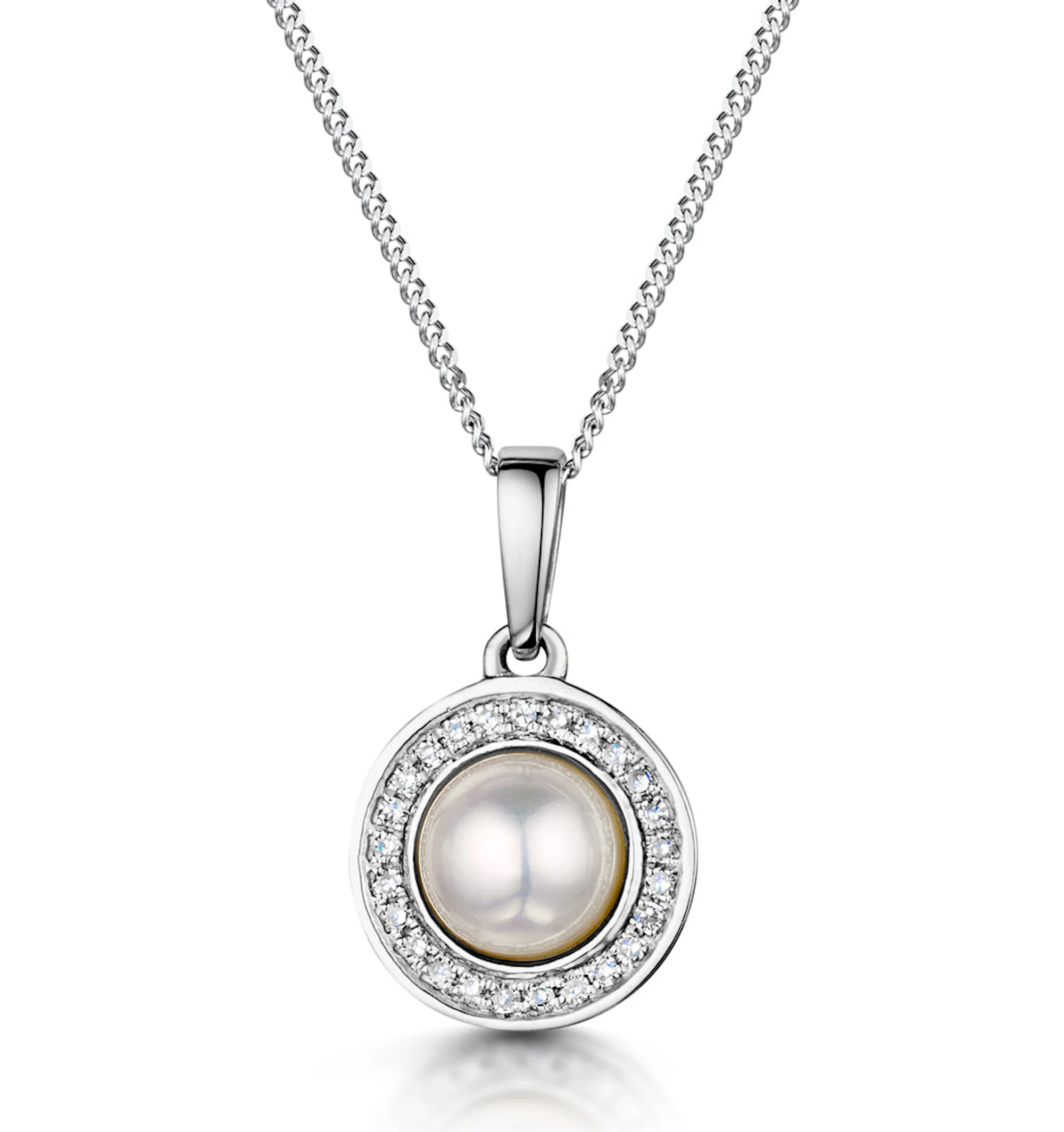 Pearl and Diamond Halo Stellato Pendant Necklace in 9K White Gold