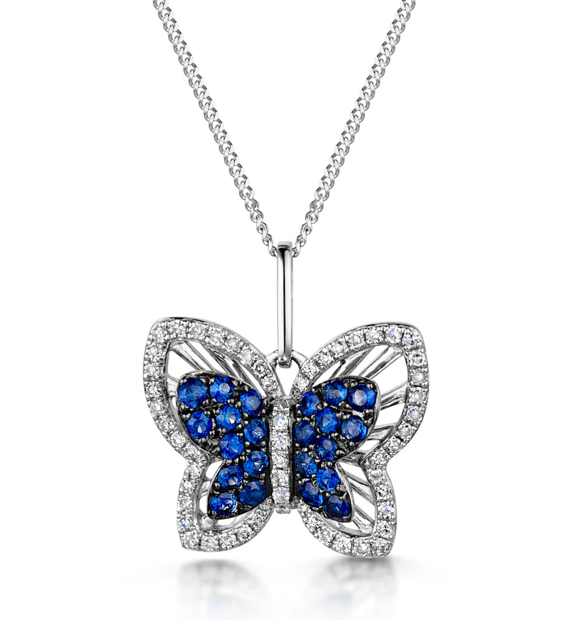 Stellato Sapphire and Diamond Butterfly Pendant Necklace 9K White Gold