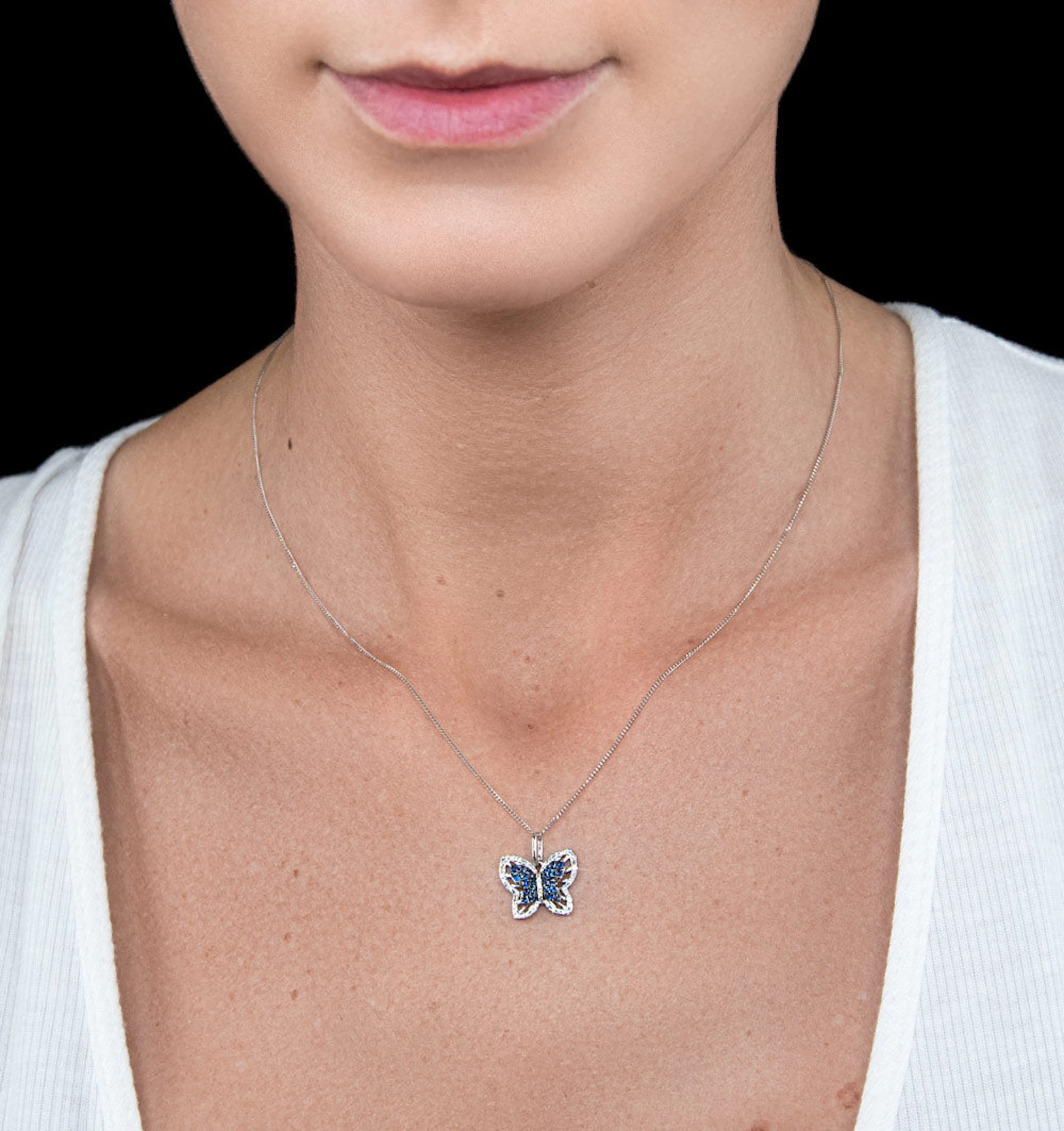 Stellato Sapphire and Diamond Butterfly Pendant Necklace 9K White Gold