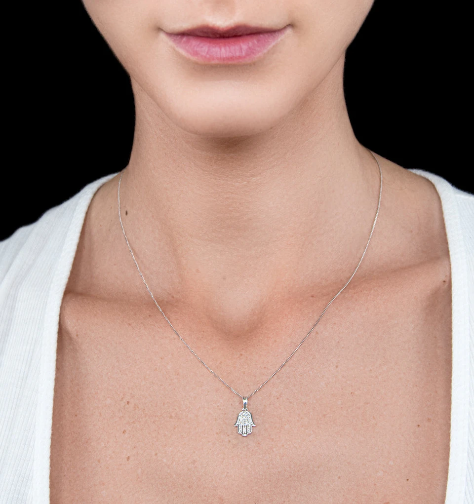 Stellato Lab Diamond Hamsa Pendant Necklace 0.13ct in 925 Silver