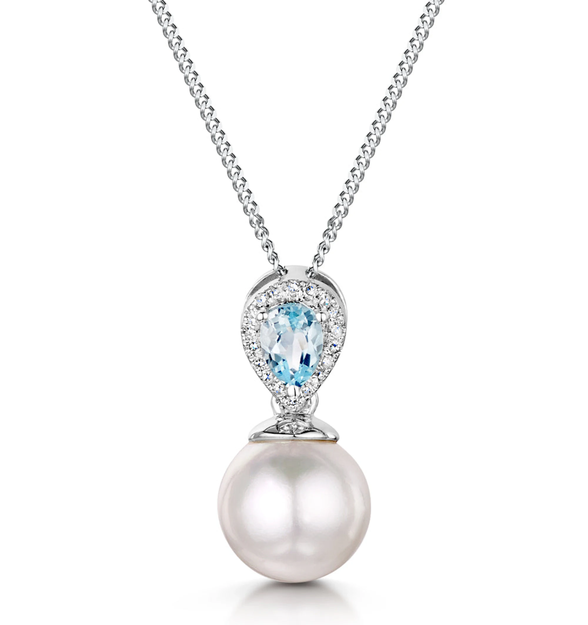 Pearl and Blue Topaz and Diamond Pendant Necklace in 9K White Gold