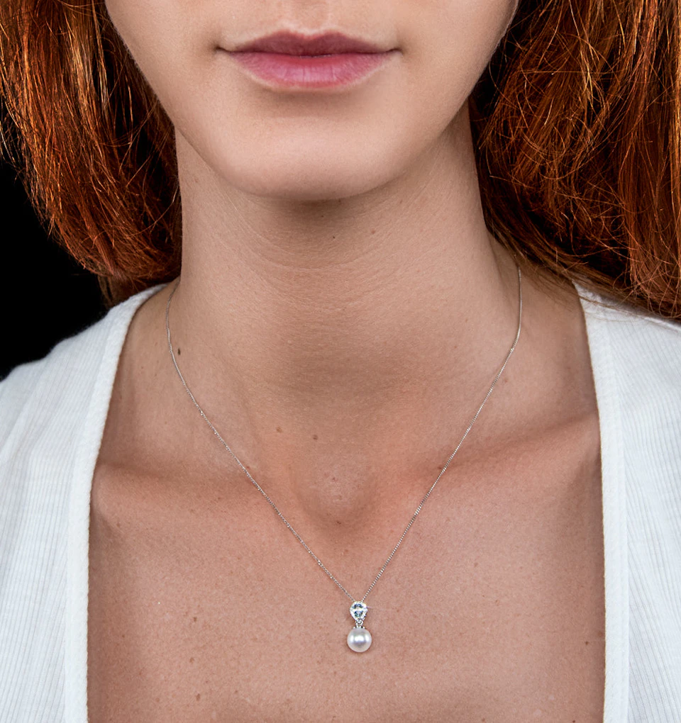 Pearl and Blue Topaz and Diamond Pendant Necklace in 9K White Gold