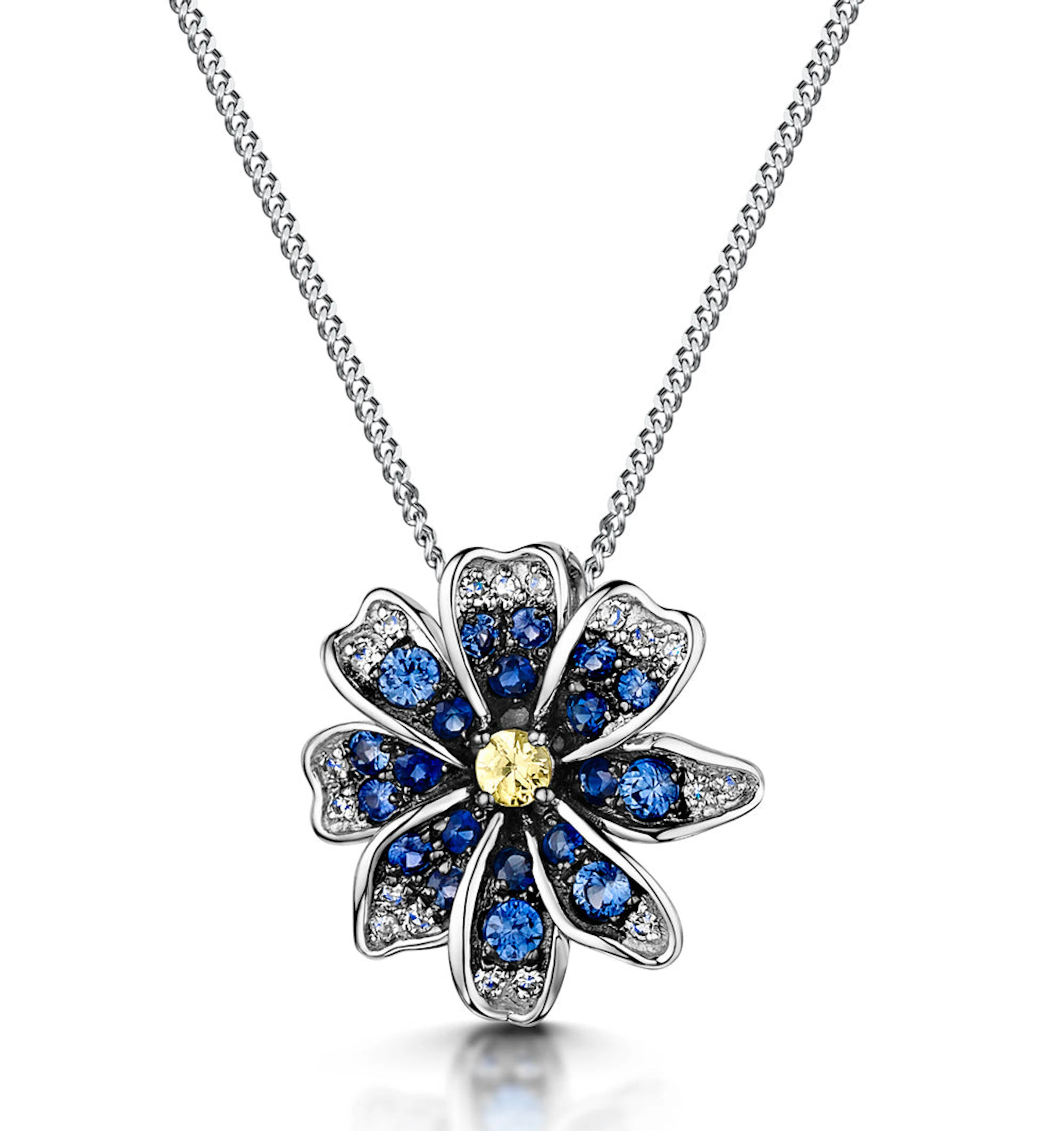 Blue and Yellow Sapphire Diamond Pendant Necklace in 9K White Gold