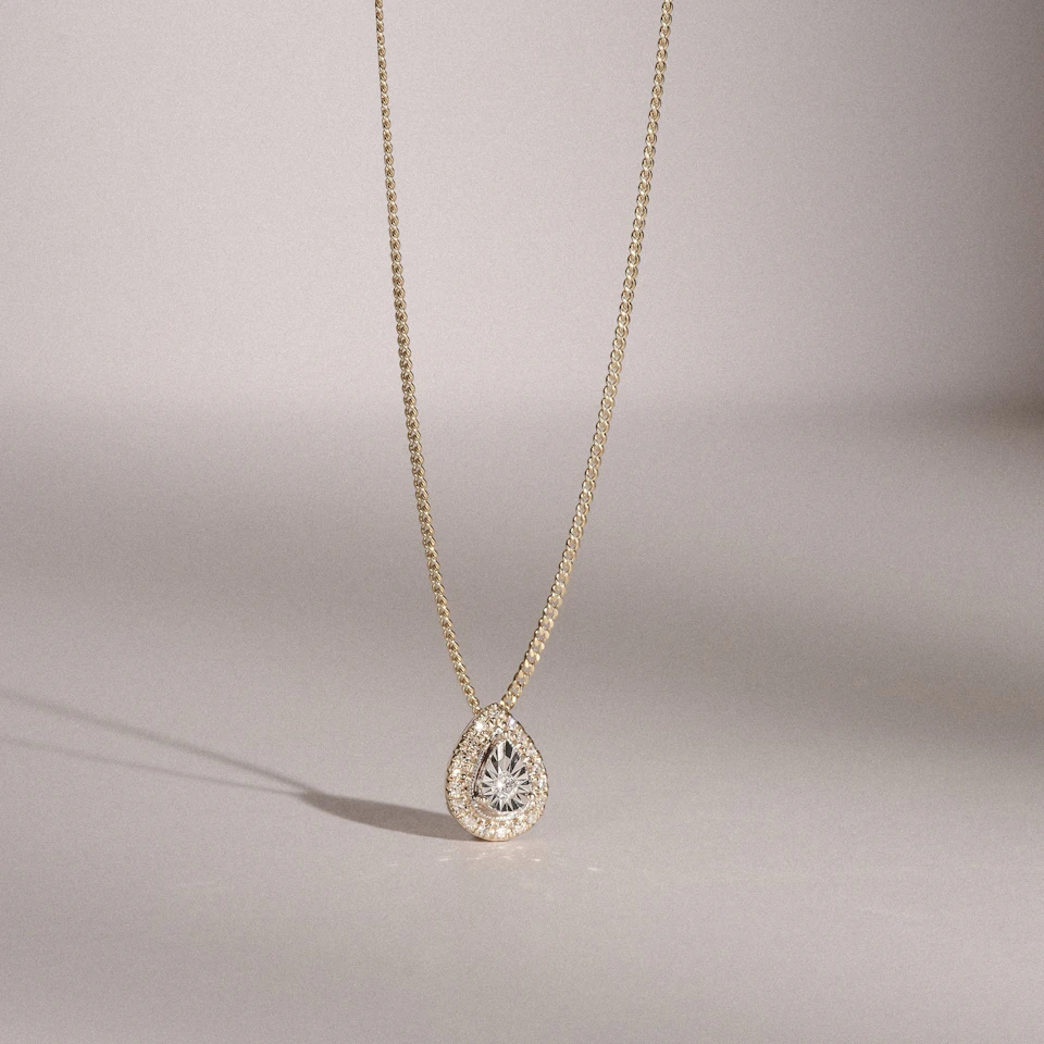 Masami Diamond Pear Halo Necklace 0.10ct Pave Set in 9K Yellow Gold