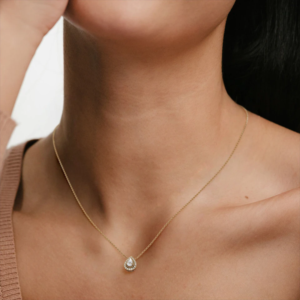 Masami Diamond Pear Halo Necklace 0.10ct Pave Set in 9K Yellow Gold