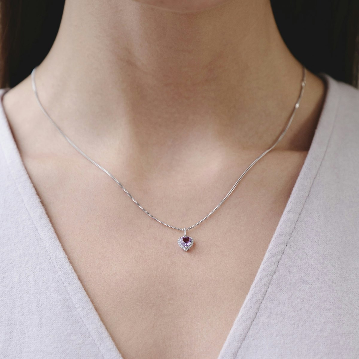 Stellato Amethyst and Diamond Heart Necklace in 9K White Gold