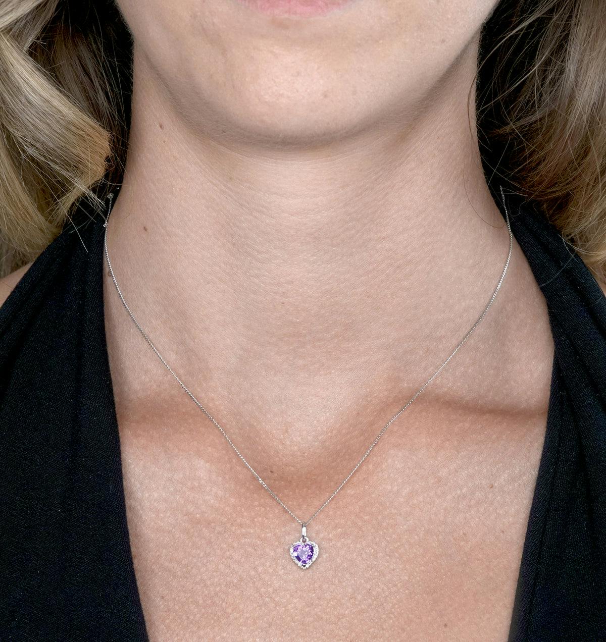 Stellato Amethyst and Diamond Heart Necklace in 9K White Gold