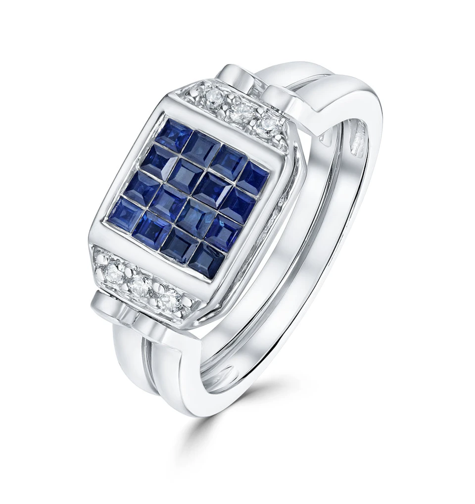 9K White Gold Diamond and Sapphire Reversable Ring - SIZE L