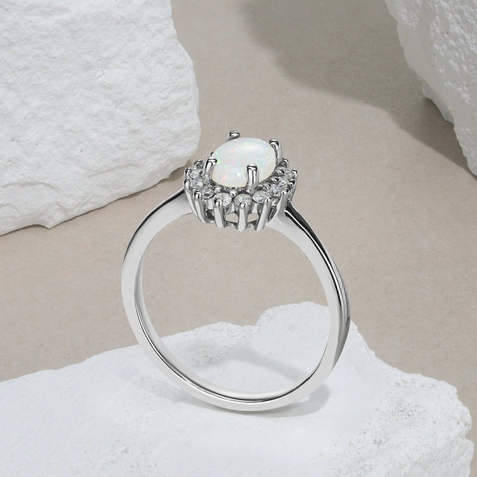 Opal 7 x 5mm And Diamond 925 Sterling Silver Ring
