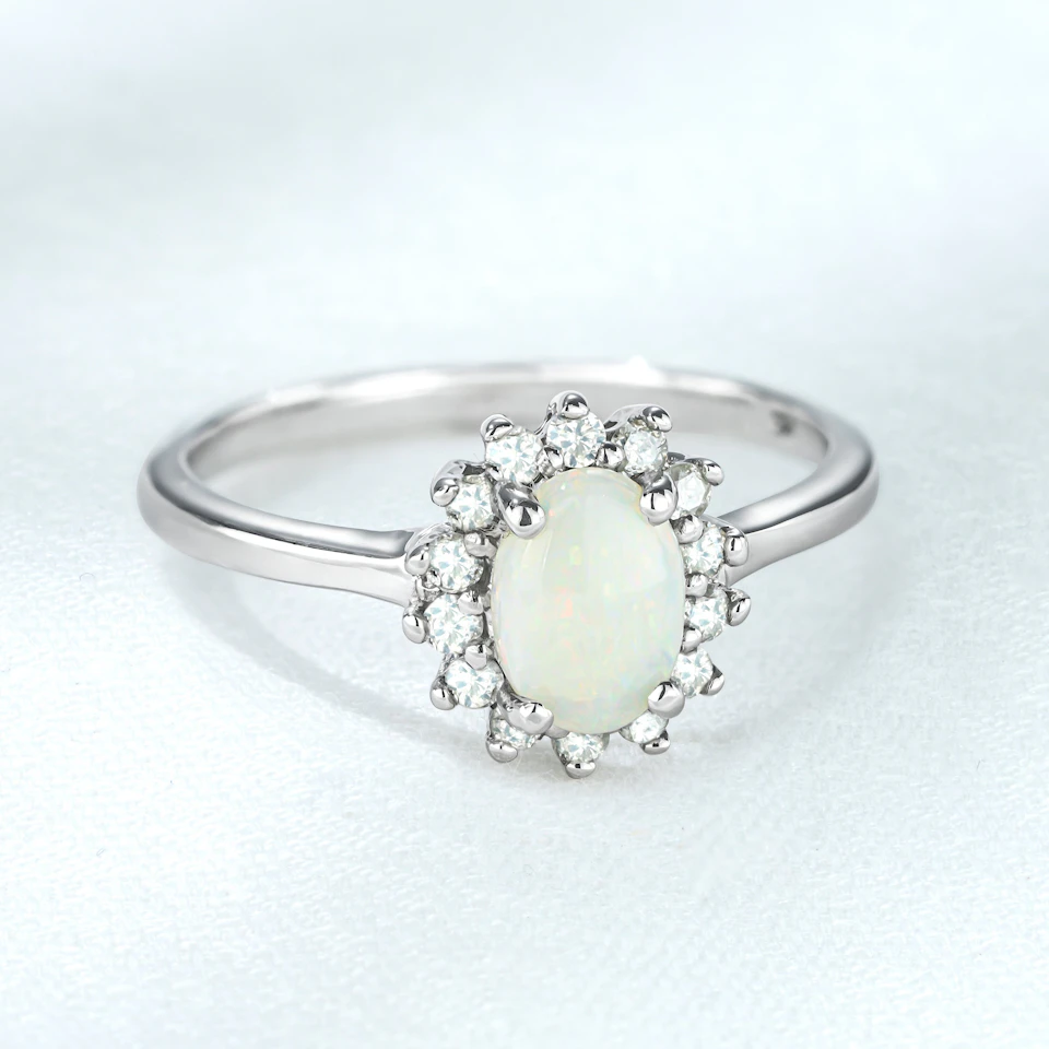 Opal 7 x 5mm And Diamond 925 Sterling Silver Ring