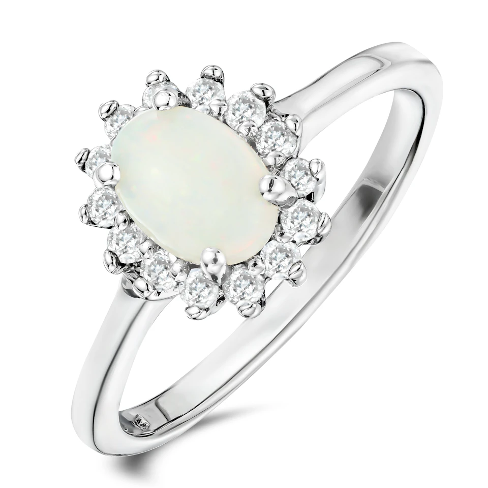 Opal 7 x 5mm And Diamond 925 Sterling Silver Ring