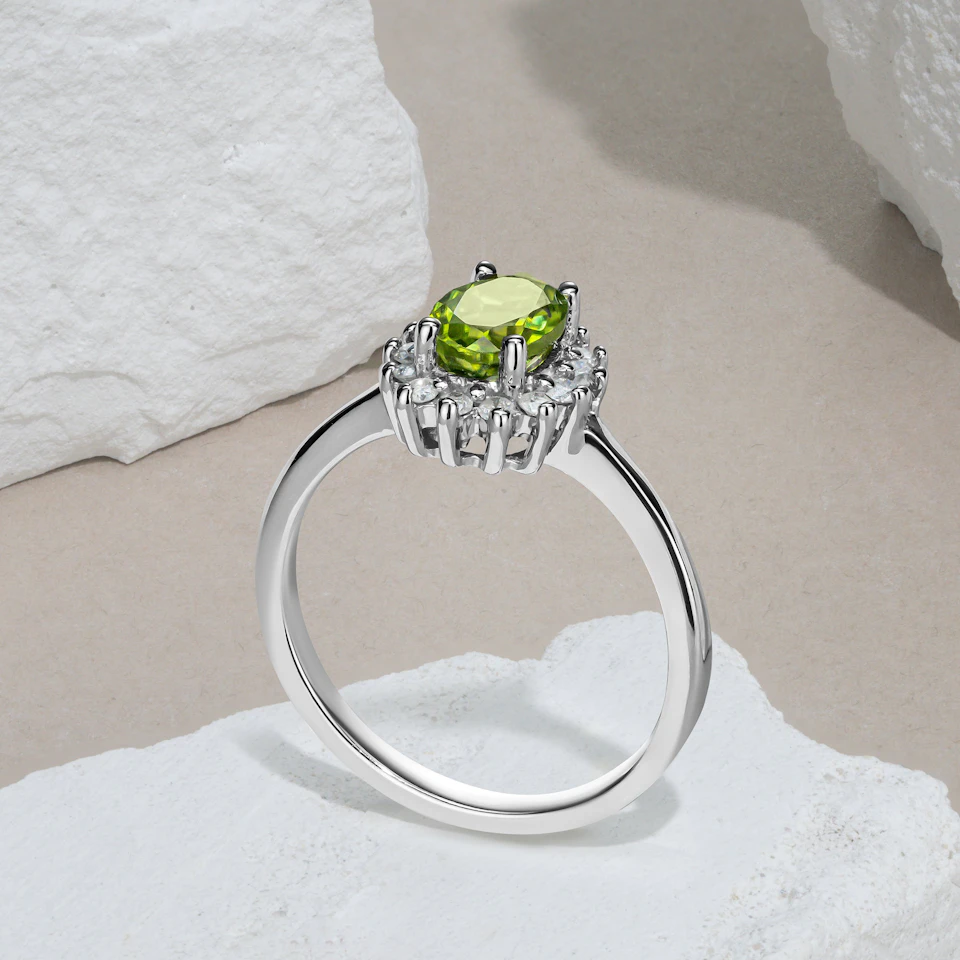 Peridot 7 x 5mm And Diamond 925 Sterling Silver Ring