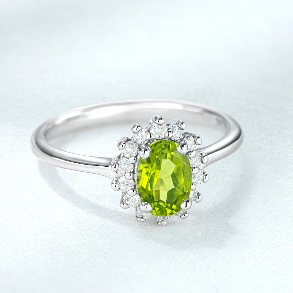 Peridot 7 x 5mm And Diamond 925 Sterling Silver Ring