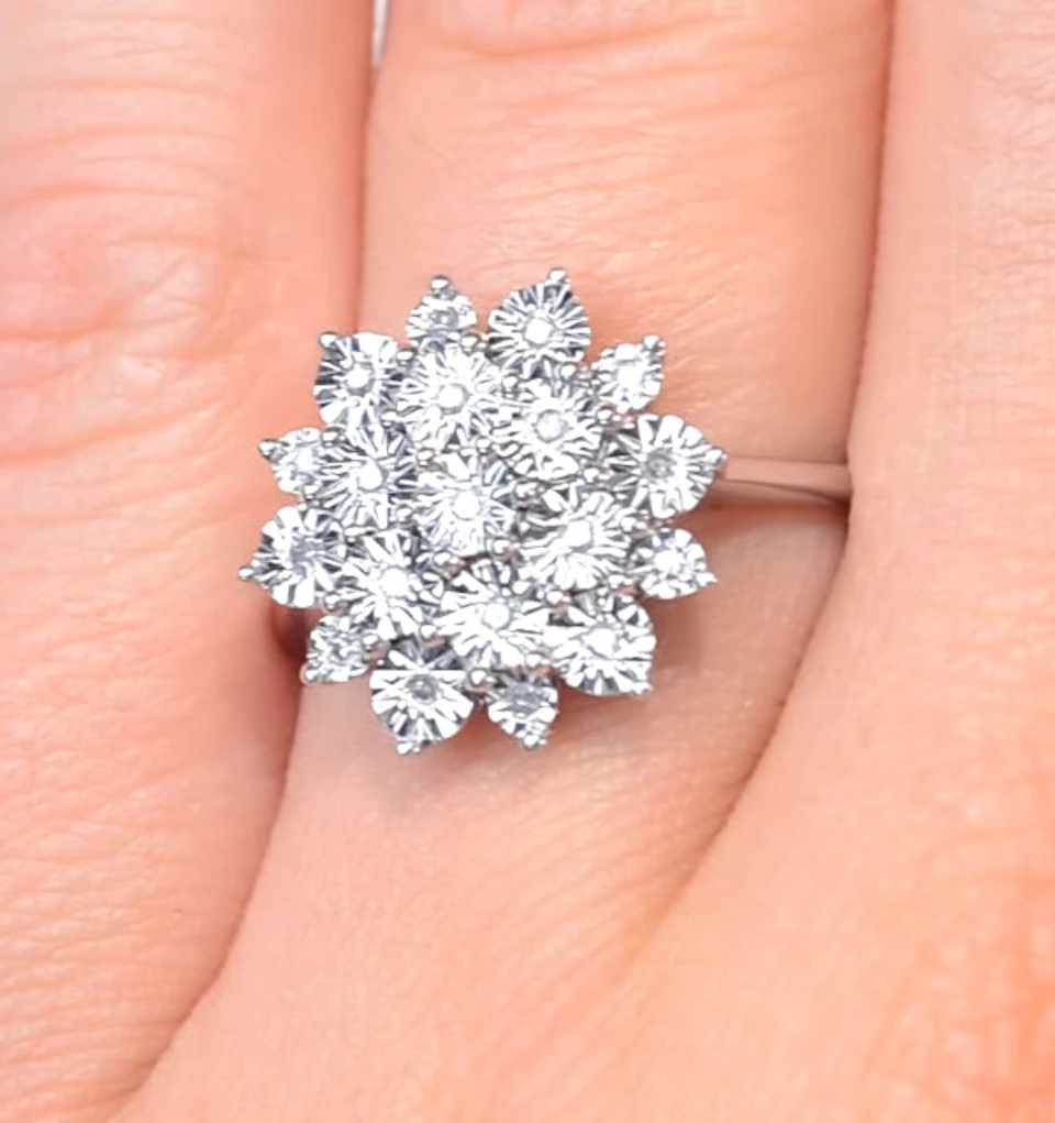 Diamond 0.10ct 9K White Gold Large Cluster Ring SIZE H