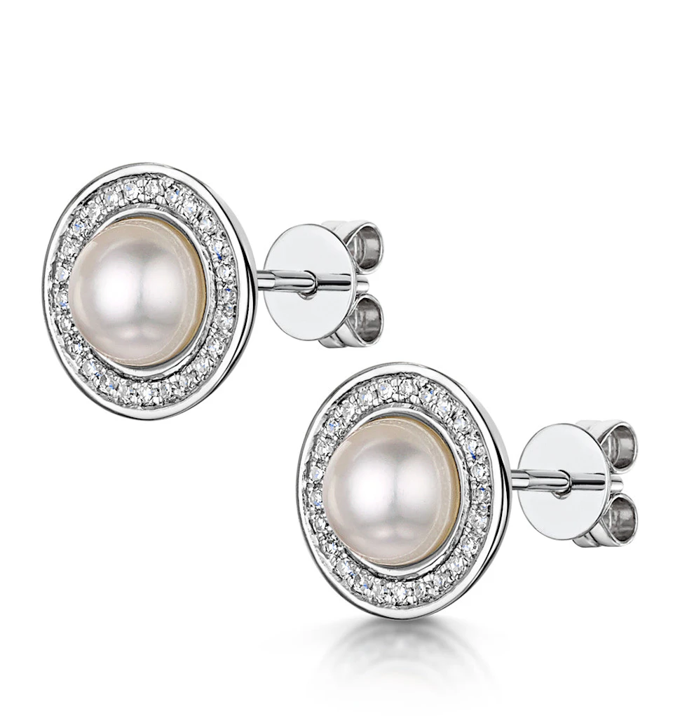 5.5mm Pearl and Diamond Stellato Earrings 0.14ct in 9K White Gold