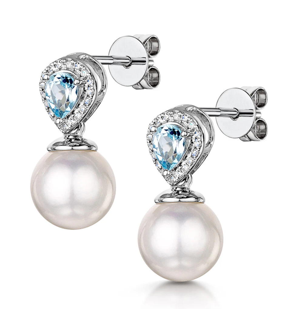 7.5mm Pearl Blue Topaz and Diamond Stellato Earrings in 9K White Gold
