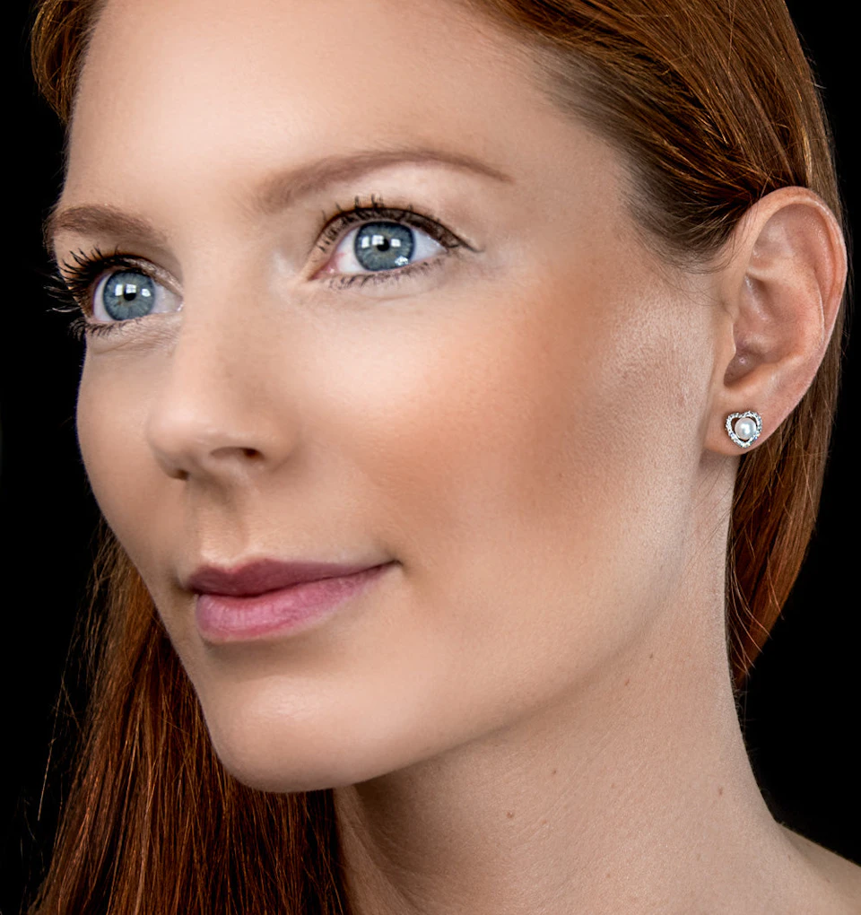 Stellato Collection Pearl and Diamond Heart Earrings in 9K White Gold