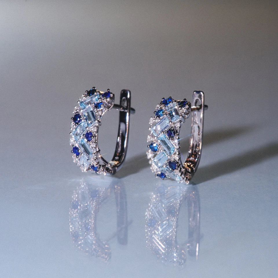 Blue Topaz Sapphire and Diamond Stellato Earrings in 9K White Gold