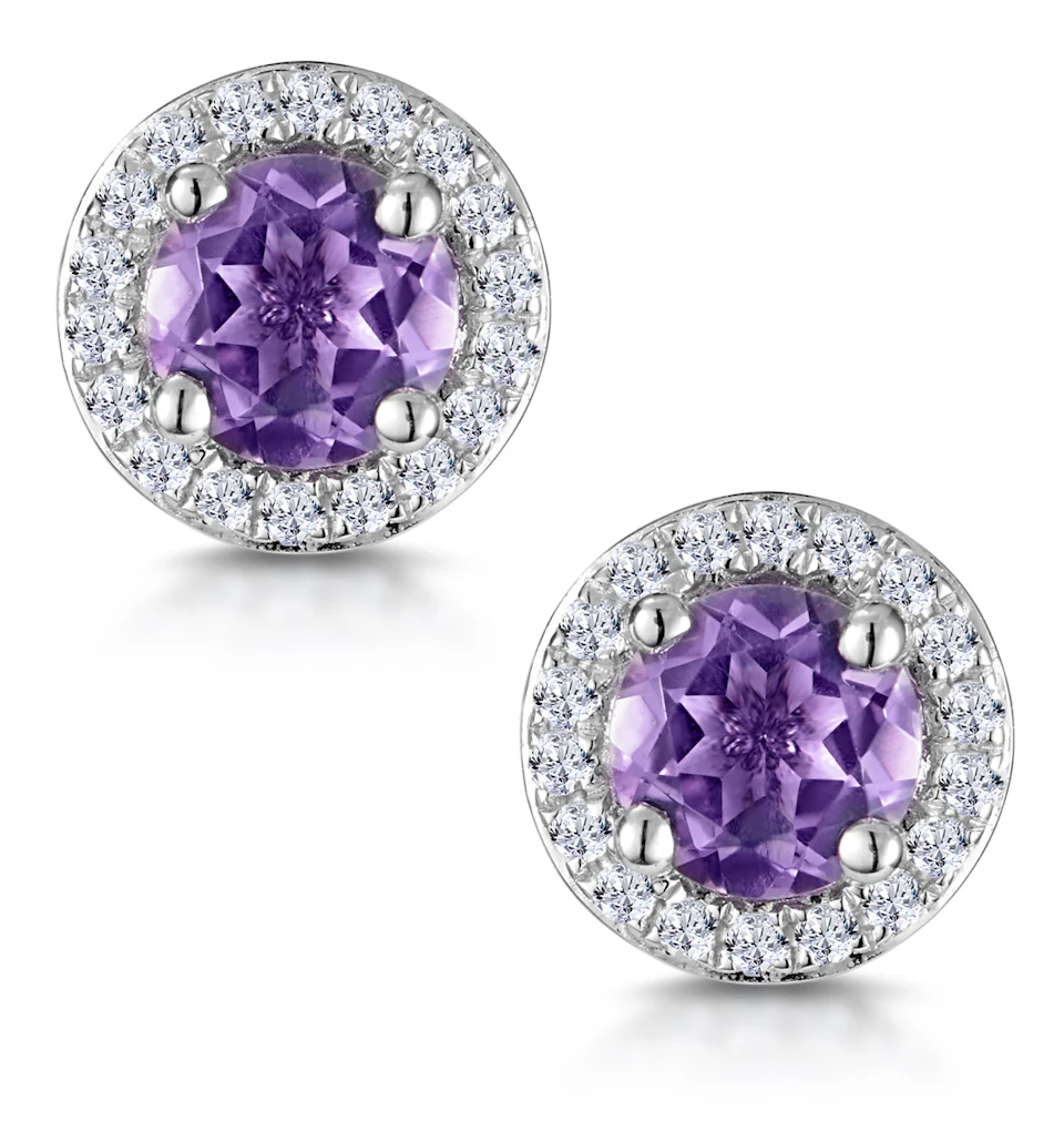0.64ct Amethyst and Diamond Halo Stellato Earrings in 9K White Gold
