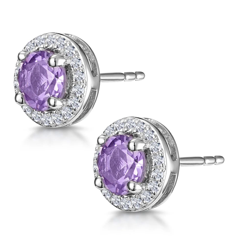0.64ct Amethyst and Diamond Halo Stellato Earrings in 9K White Gold