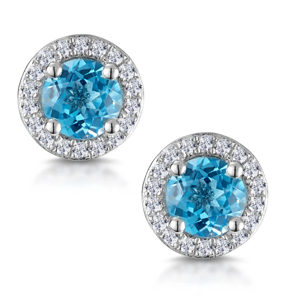 Swiss Blue Topaz and Diamond Halo Stellato Earrings in 9K White Gold