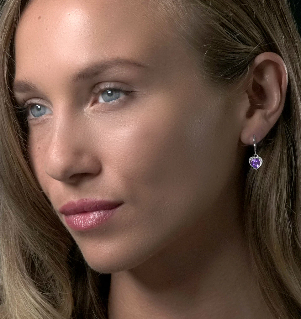 Stellato Amethyst and Diamond Pave Heart Earrings in 9K White Gold