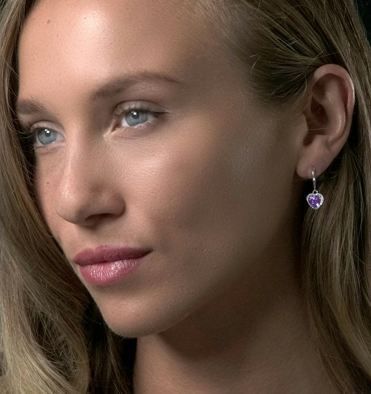 Stellato Amethyst and Diamond Pave Heart Earrings in 9K White Gold