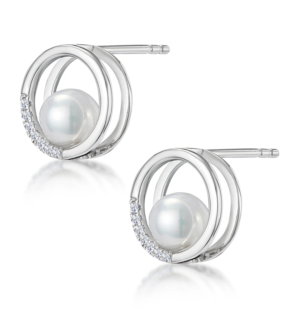 Stellato Circle and Pearl Diamond Earrings in 9K White Gold