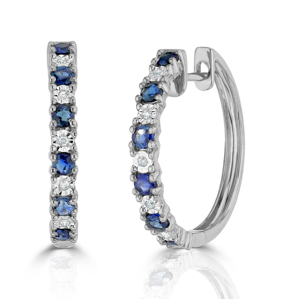 Sapphire and Lab Diamond Hoops Earrings Stellato Collection 925 Silver