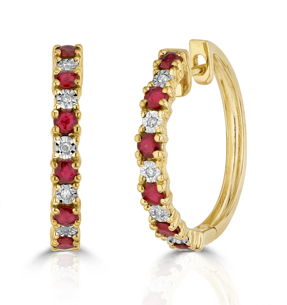 Stellato 0.86ct Round Cut Ruby and Lab Diamond Hoop Earrings in 18K Gold Vermeil