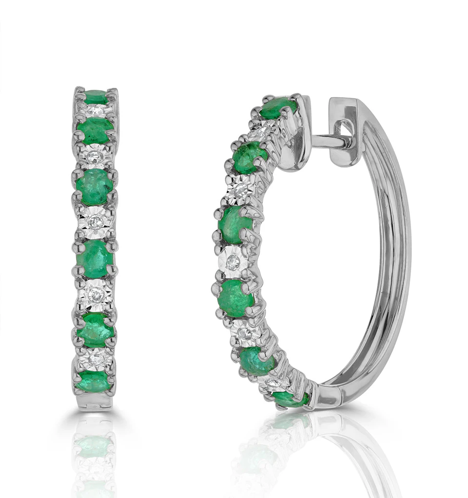 Emerald and Lab Diamond Hoops Earrings Stellato Collection 925 Silver