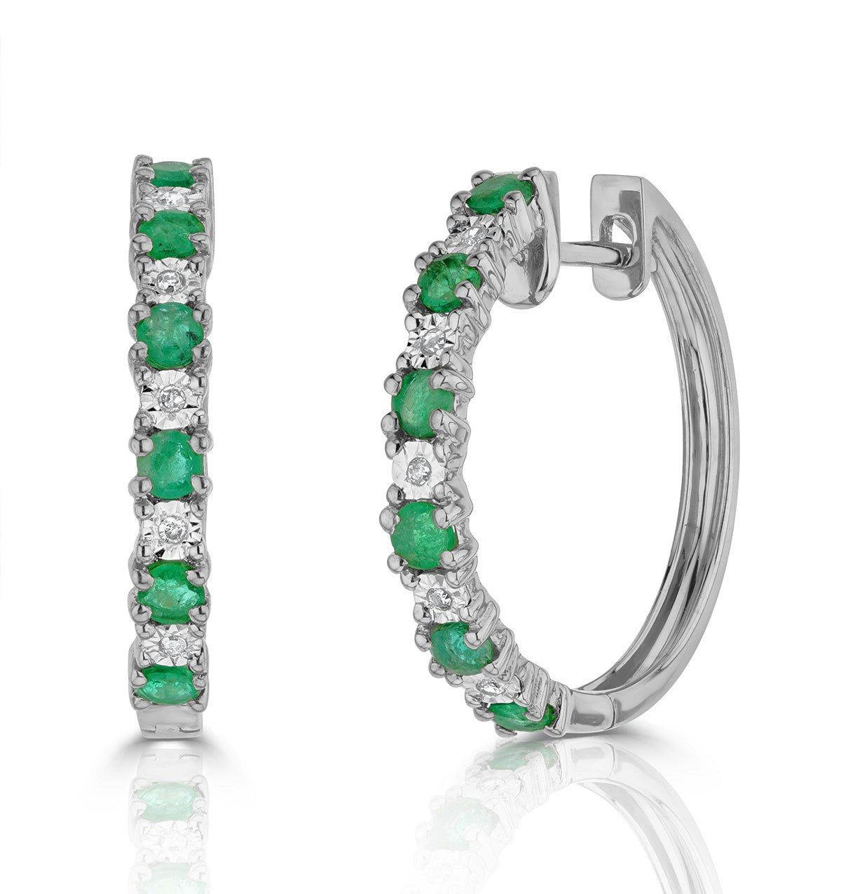 Emerald and Lab Diamond Hoop Earrings Stellato Collection 925 Silver