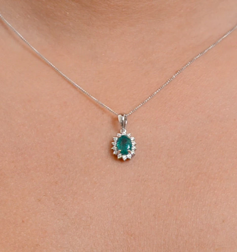 Emerald 0.80CT And Diamond 18K White Gold Pendant Necklace