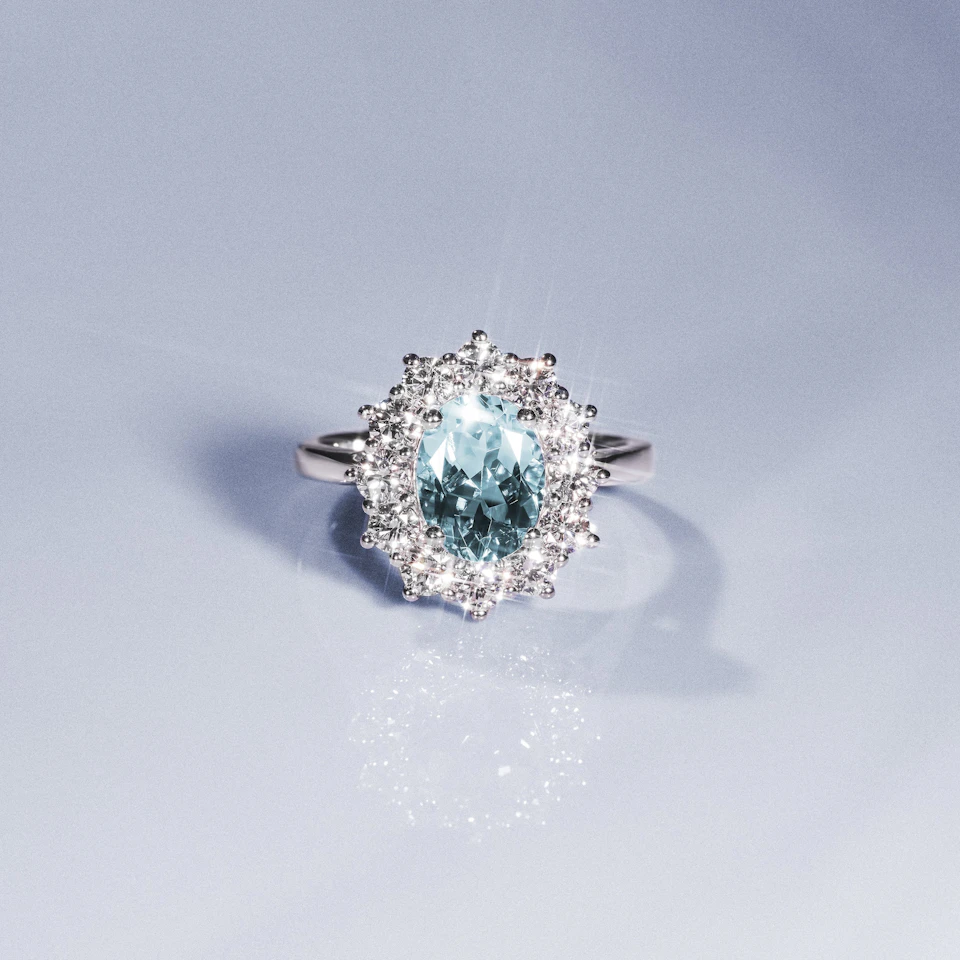 Aquamarine 1.7ct and Lab Diamond 1ct Cluster Ring in 18K White Gold