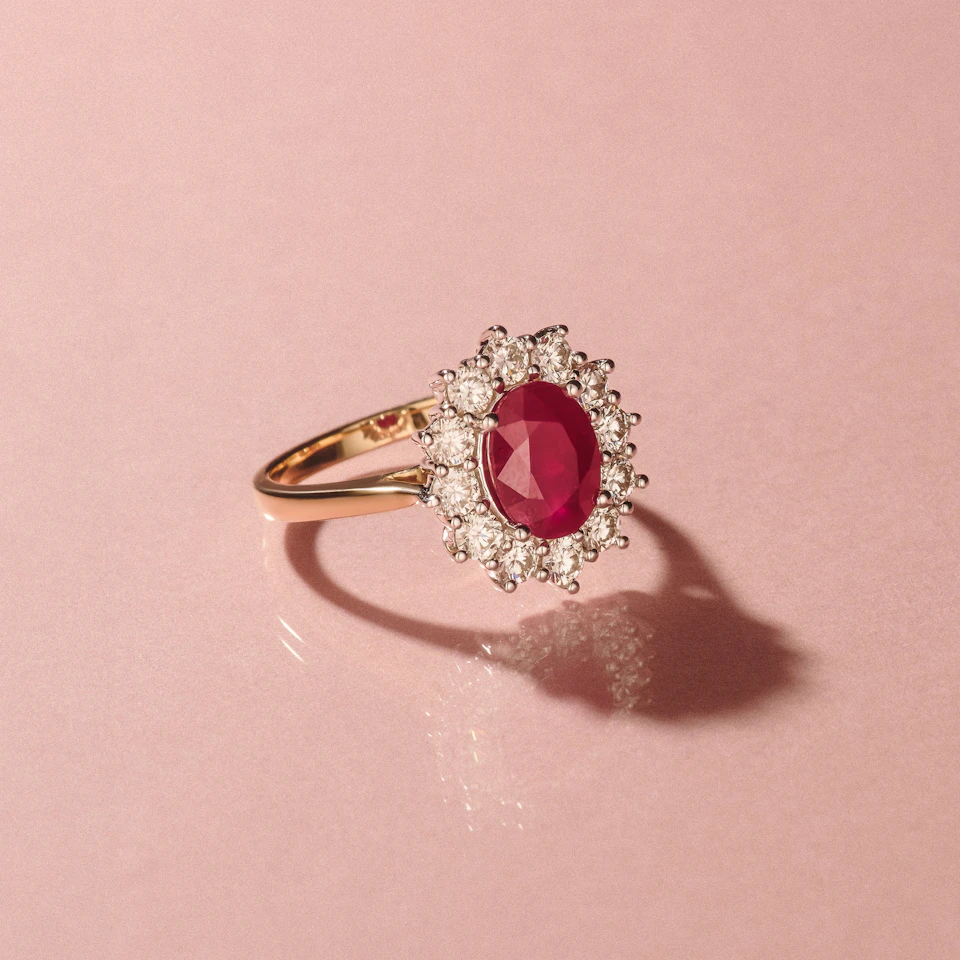 2.40ct Oval Cut Ruby and Lab Diamond Halo Ring in 9K Yellow Gold