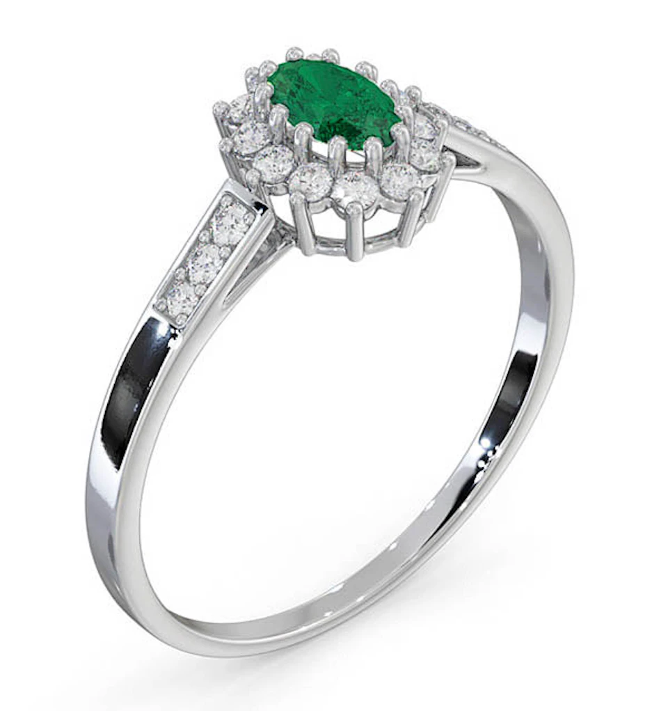 Emerald 5 x 3mm And Diamond 18K White Gold Ring