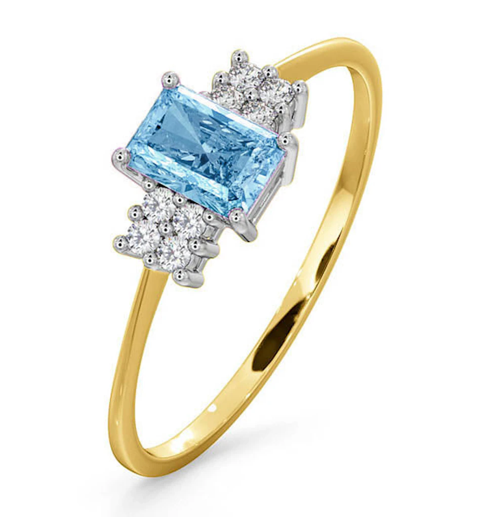 Blue Topaz 6 x 4mm And Diamond Ring 9K Yellow Gold