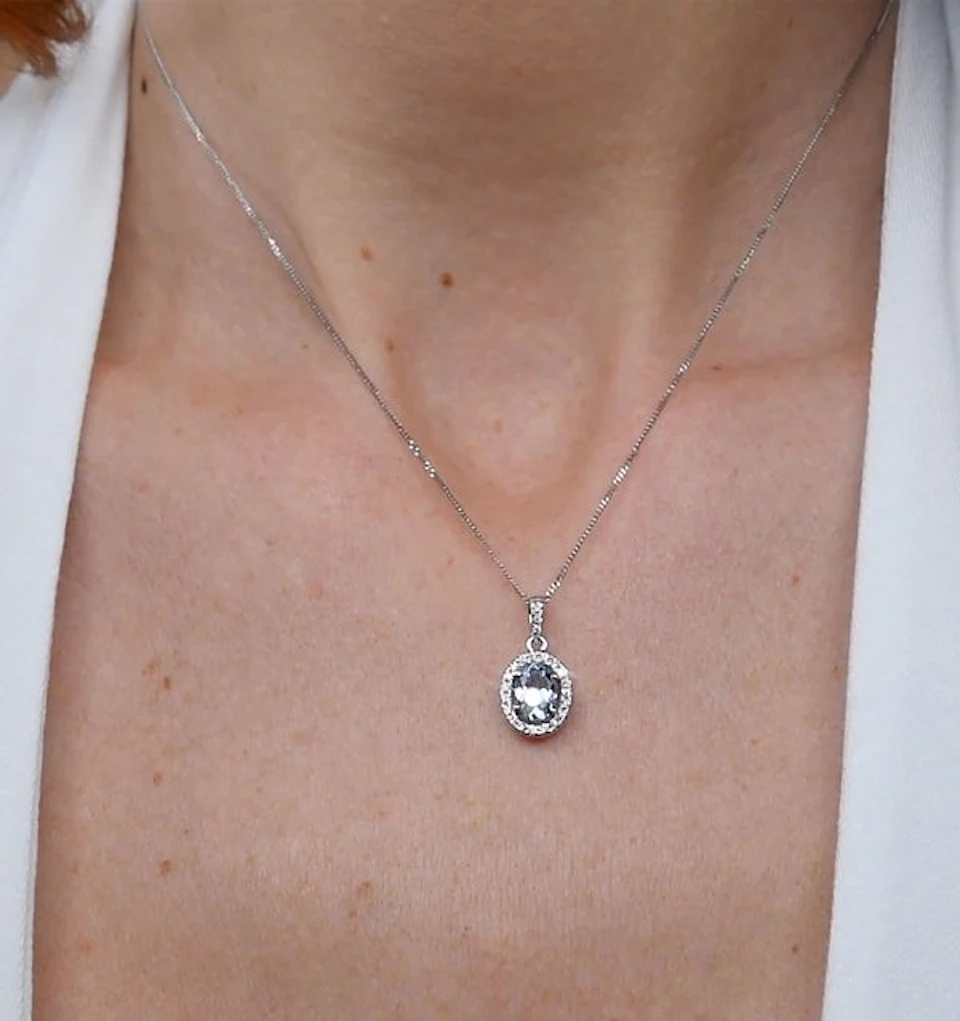 Aquamarine 7 x 5mm And Diamond 18K White Gold Pendant Necklace