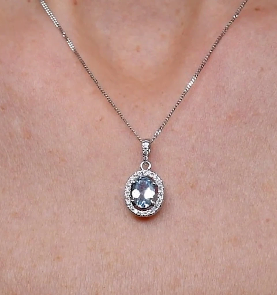 Aquamarine 7 x 5mm And Diamond 18K White Gold Pendant Necklace